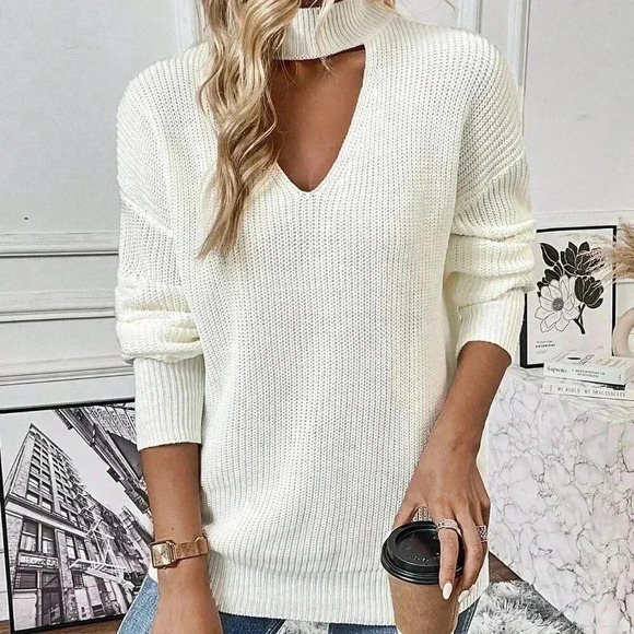 White Casual Women's Choker Neck Drop Shoulder Sweater - Picture 6 of 6